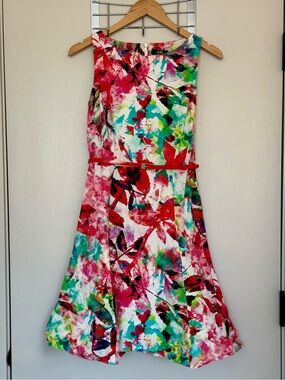Wallis Multicolor Floral Print Midi Dress with Red Belt